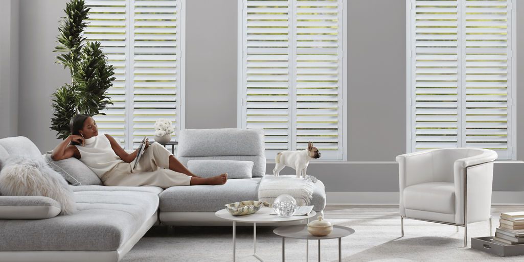 Living room with white NewStyle Composite Shutters in Polar White